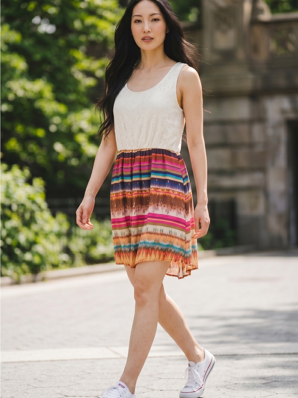 Deb Cream Lace Bodice Striped Multicolor Midi Dress
